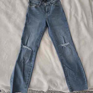 True Religion High Rise Crop Distressrd Straight Leg Jeans